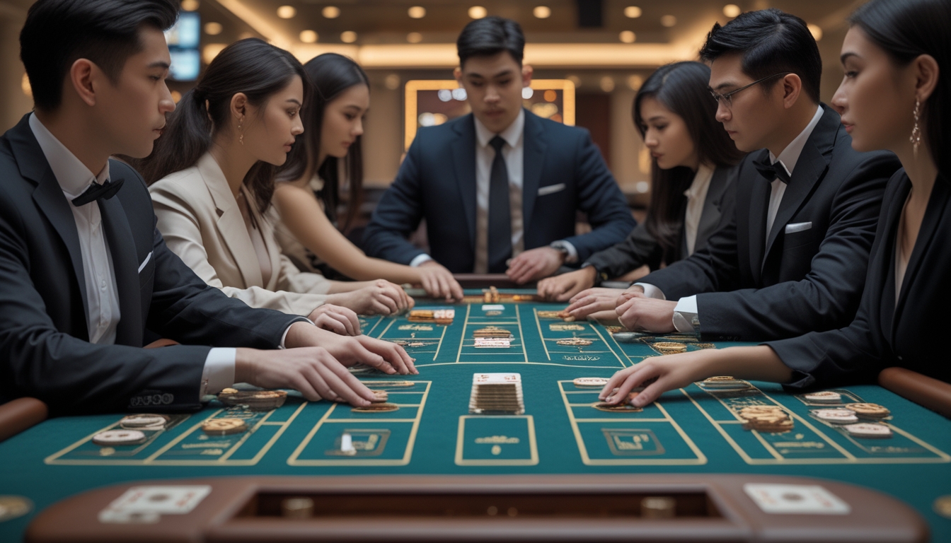 Beberapa meja baccarat dengan pemain dan dealer yang sedang bermain di kasino yang elegan.