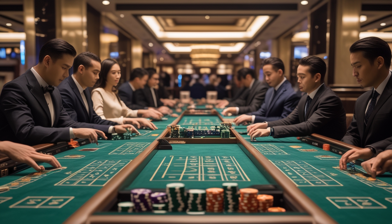 Beberapa meja baccarat di kasino dengan pemain dan dealer yang sedang bermain, suasana terlihat serius dan fokus.