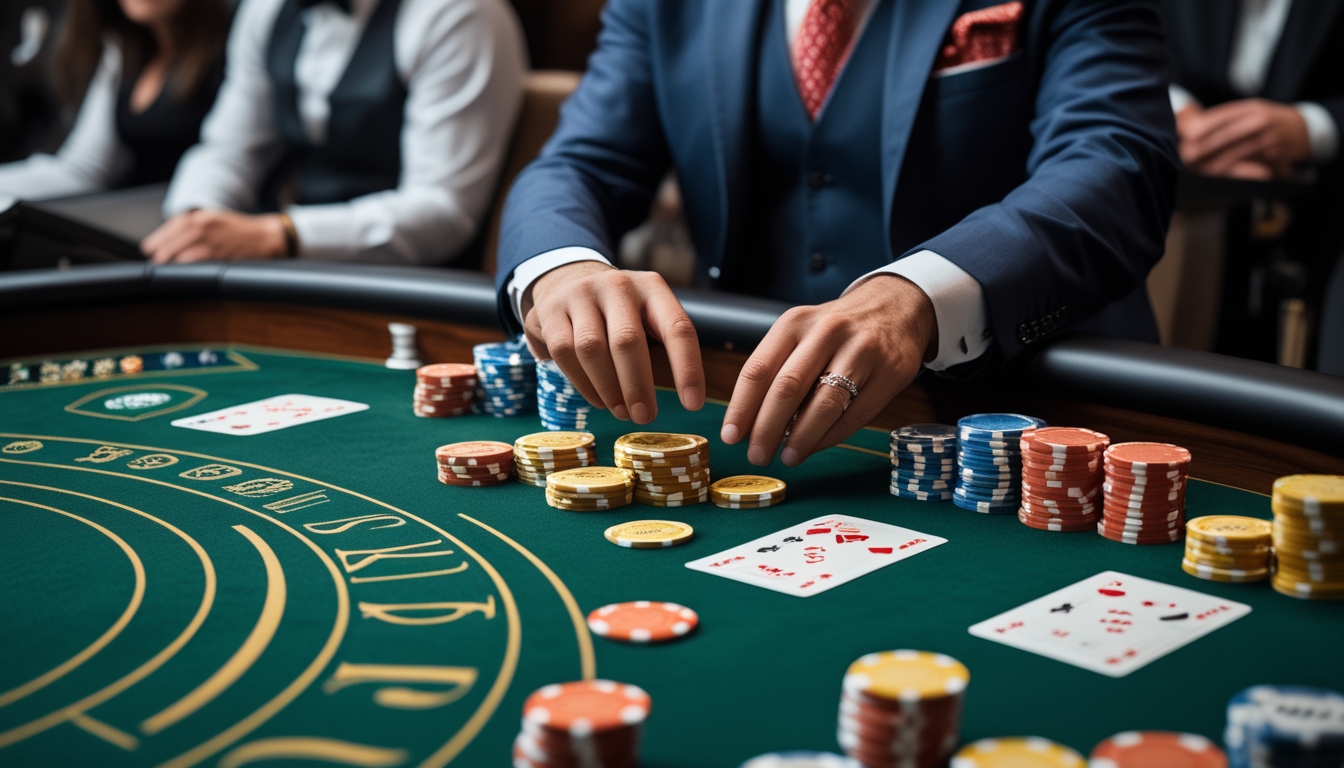 Seseorang sedang bermain baccarat di meja kasino dengan beberapa area taruhan, meletakkan chip secara strategis pada meja hijau dengan kartu dan tumpukan chip di sekitarnya.
