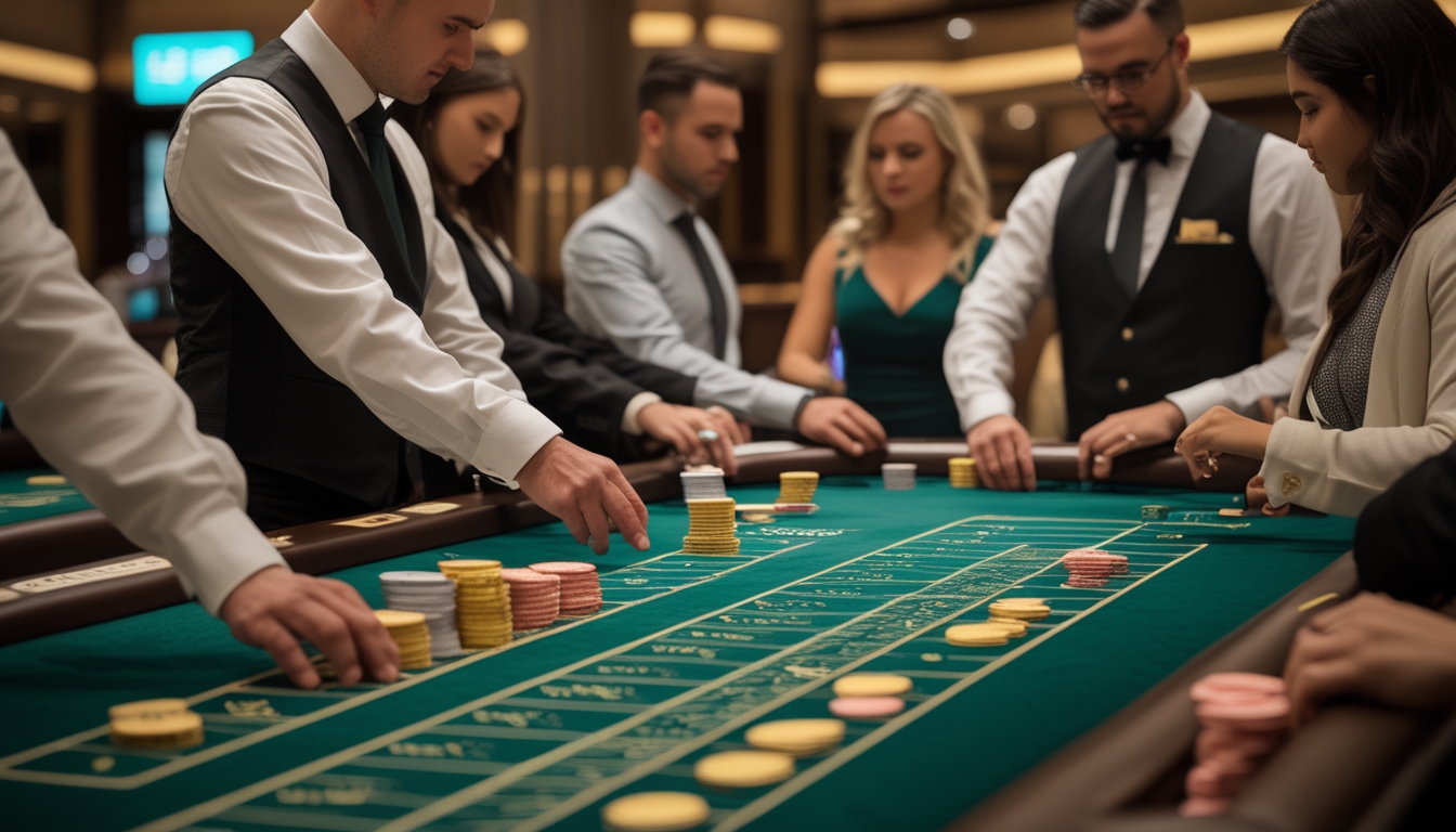 Beberapa pemain dan dealer sedang bermain baccarat di beberapa meja kasino yang berjejer, dengan tumpukan chip taruhan di depan mereka.