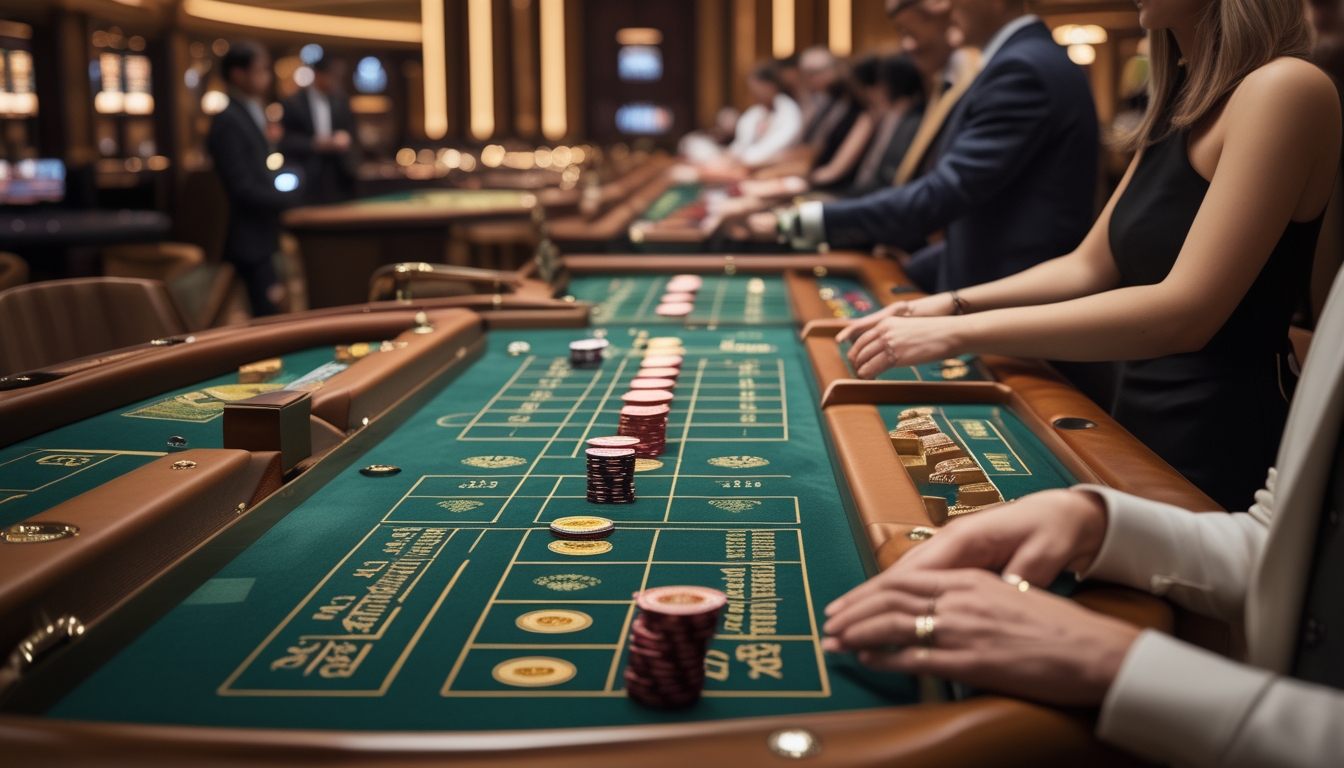 Beberapa meja baccarat di kasino dengan chip dan kartu, pemain dan dealer bermain di suasana mewah.