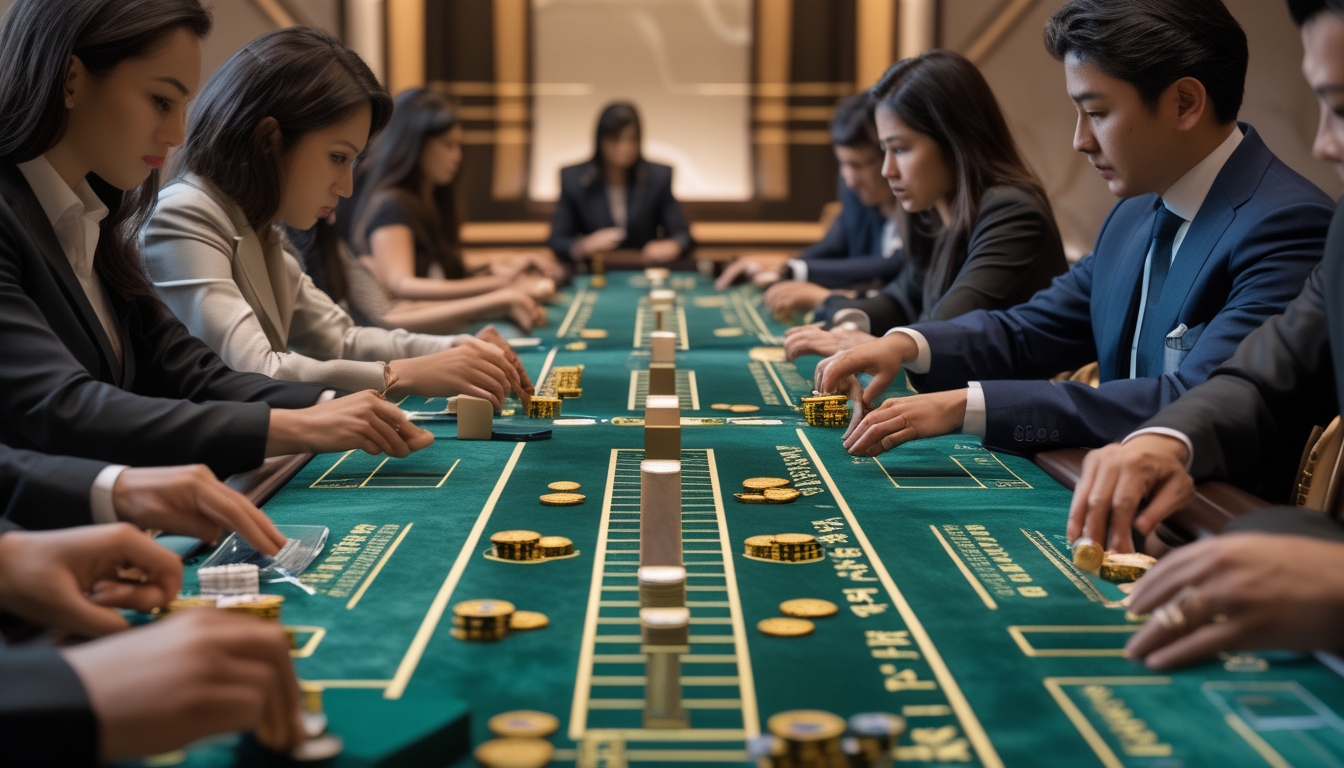 Beberapa pemain dan dealer sedang bermain baccarat di beberapa meja kasino yang berjejer dengan suasana mewah dan pencahayaan hangat.