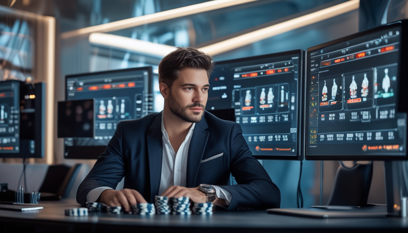 Seorang pria profesional duduk di depan beberapa layar komputer yang menampilkan permainan baccarat online dengan suasana kasino modern.