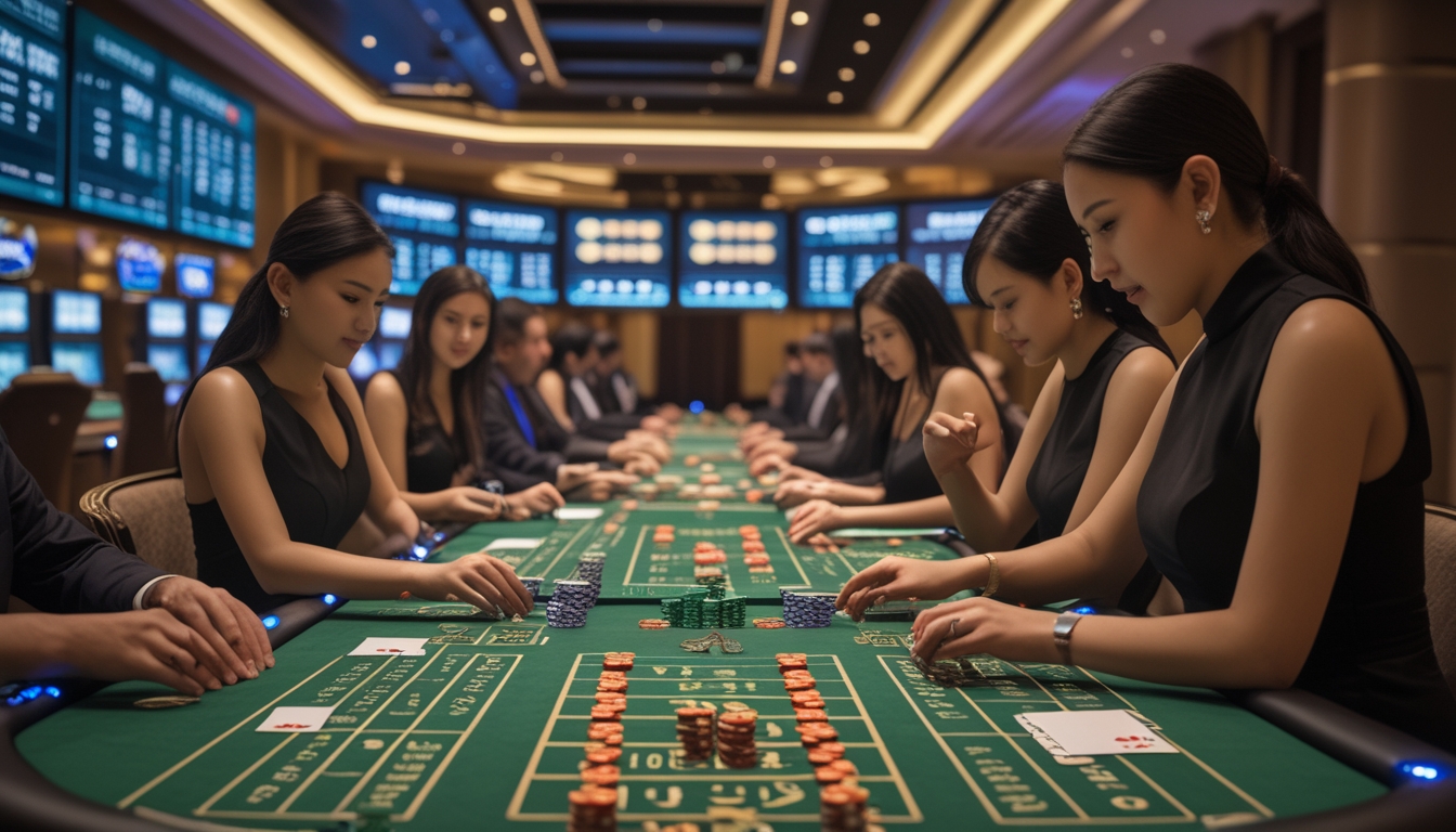 Suasana kasino dengan beberapa meja baccarat yang sedang dimainkan oleh pemain dan dealer, dilengkapi layar digital yang menampilkan statistik permainan secara langsung.