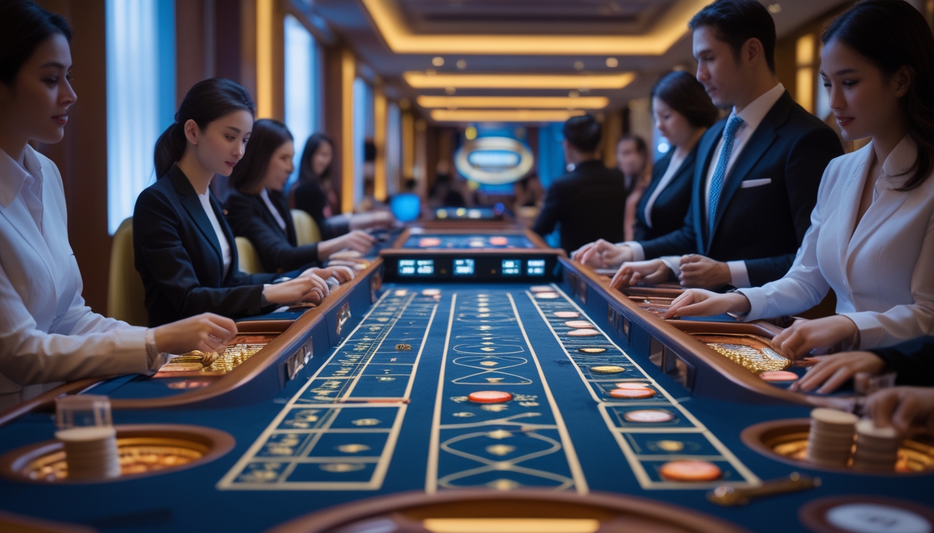 Suasana kasino modern dengan beberapa meja baccarat berdampingan dan dealer yang sedang melayani pemain secara langsung.