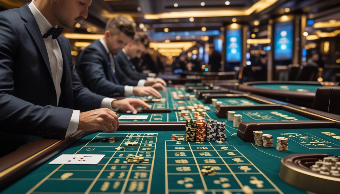 Seorang pemain kasino yang berpakaian rapi sedang mengatur chip dan uang di depan beberapa meja baccarat dalam suasana kasino mewah.