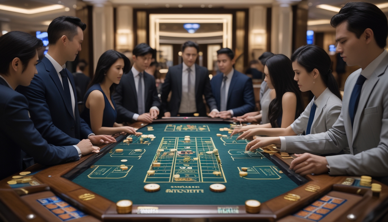 Beberapa pemain dan dealer sedang bermain baccarat di meja multitable di kasino dengan suasana yang tenang dan profesional.