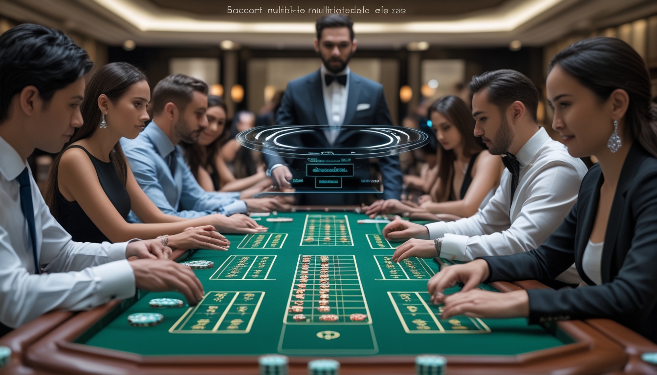 Suasana kasino dengan beberapa meja Baccarat berdampingan, dealer dan pemain yang fokus bermain, serta tampilan fitur taruhan otomatis dan multi-taruhan dalam bentuk antarmuka digital di atas meja.