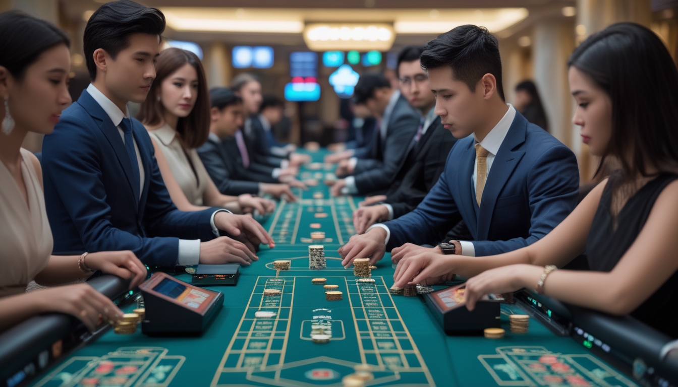Beberapa meja baccarat dengan pemain dan dealer di kasino yang modern dan terang.