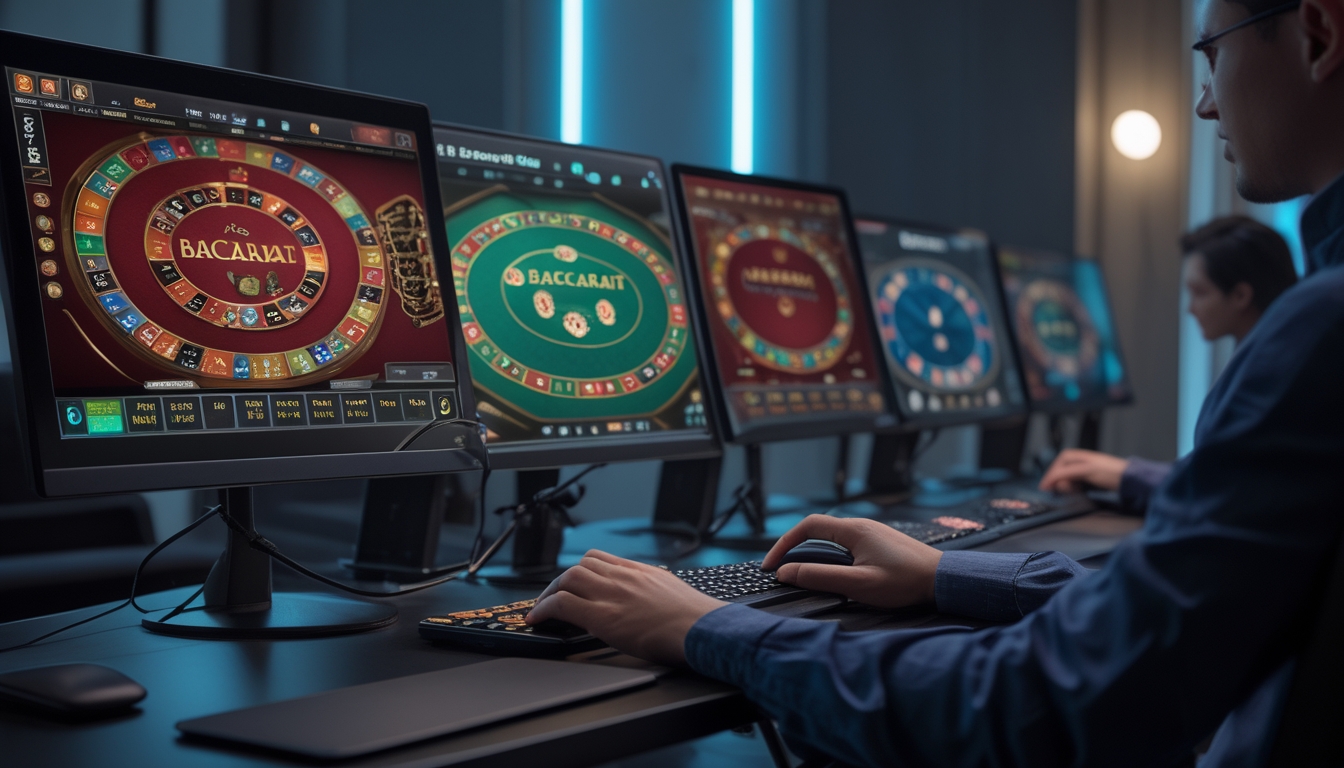 Seorang pemain yang menggunakan beberapa monitor komputer untuk bermain baccarat multitable secara online di ruang kerja yang modern.