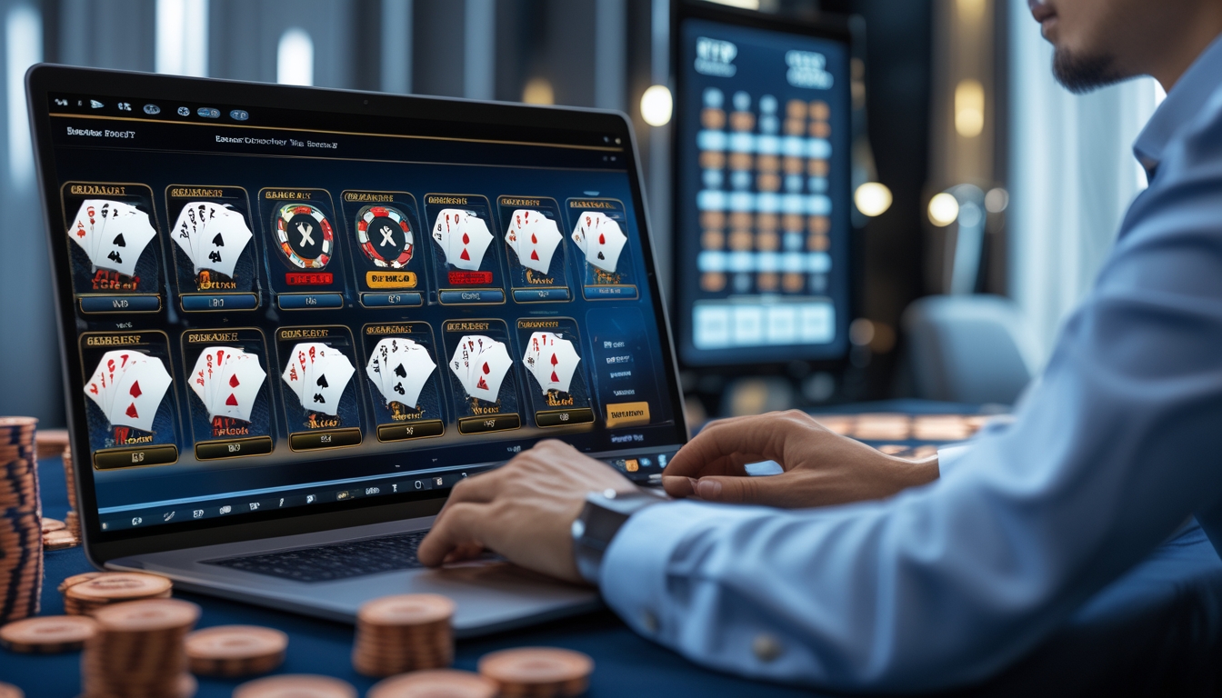 Seorang pemain fokus menggunakan komputer dengan beberapa meja bakarat online terlihat di layar.
