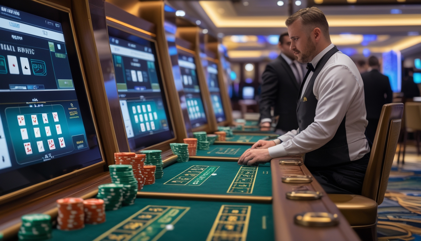 Beberapa meja baccarat dengan dealer langsung dan tampilan virtual di kasino yang mewah dan terang.