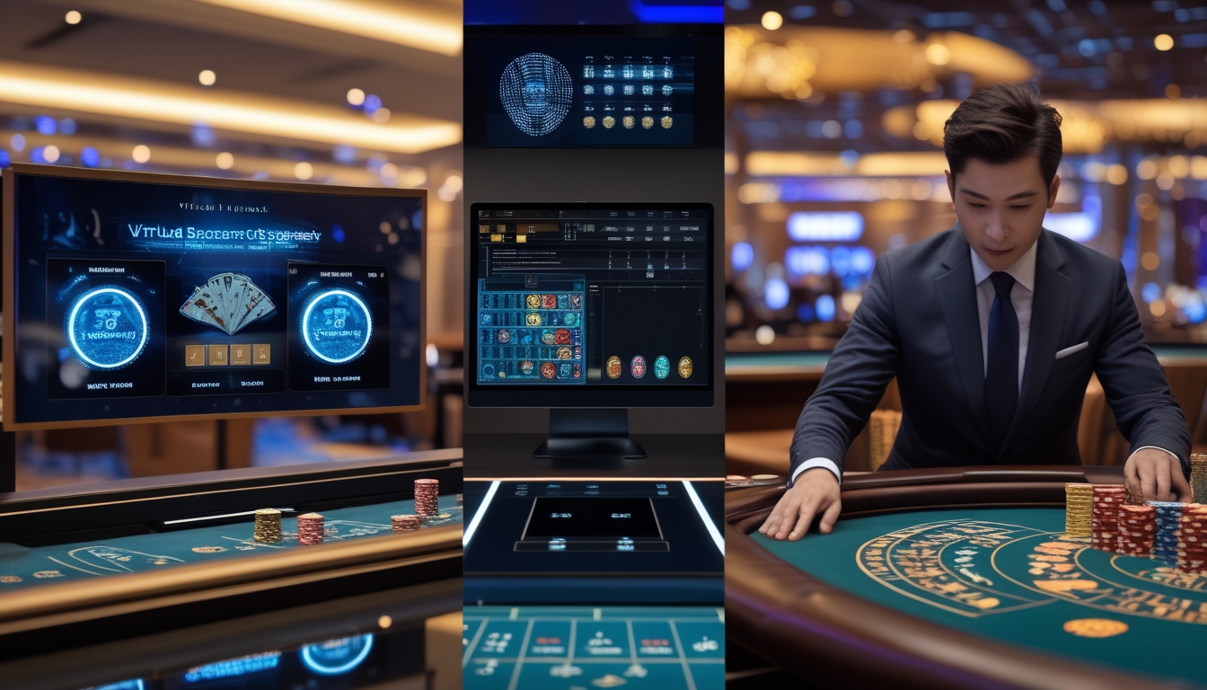 Suasana kasino dengan tiga meja baccarat yang menampilkan sistem virtual, RNG, dan dealer langsung secara berdampingan.