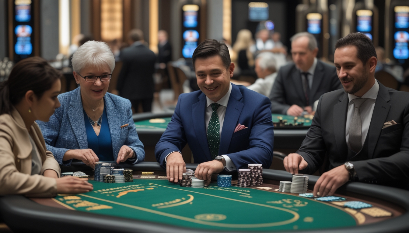 Beberapa pemain dan dealer sedang bermain baccarat di beberapa meja dalam ruangan kasino yang terang dan modern.
