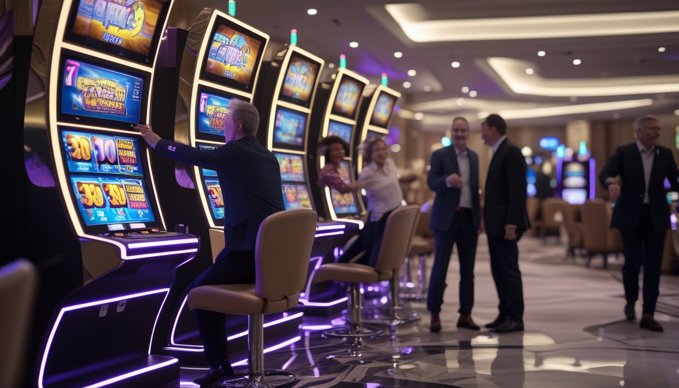 Orang-orang bermain mesin slot 3D di dalam kasino yang terang dan modern.