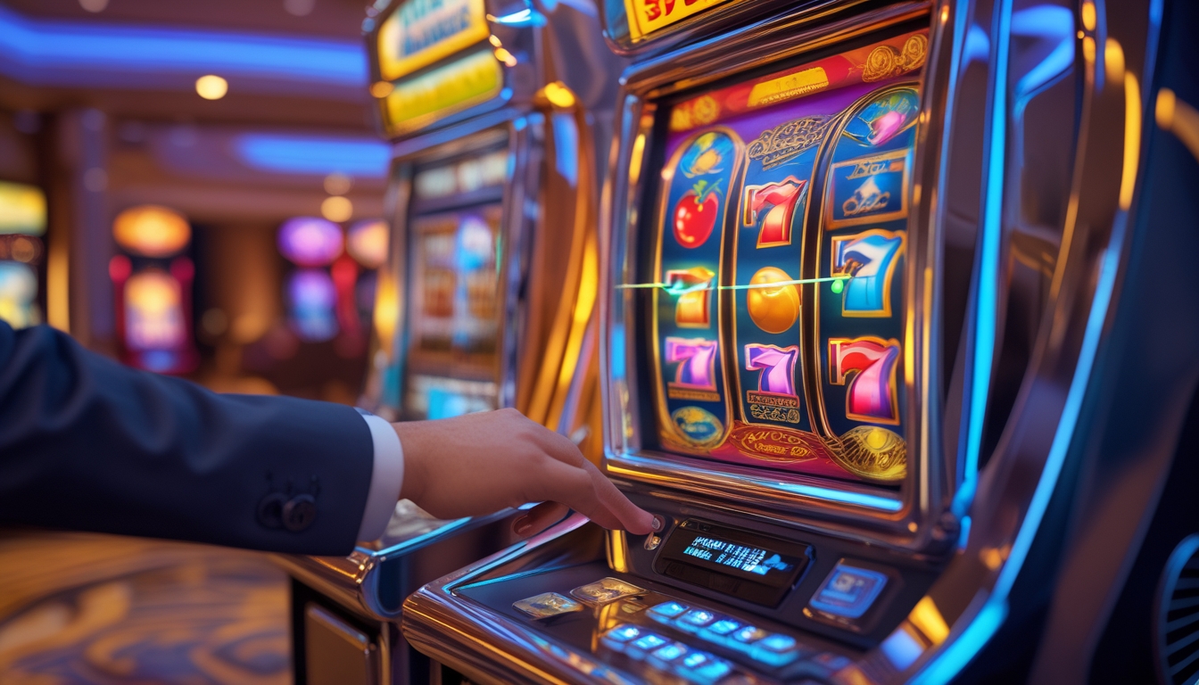 Mesin slot 3D berwarna-warni dengan gulungan berputar di dalam kasino mewah dan tangan pemain yang sedang menekan tombol.