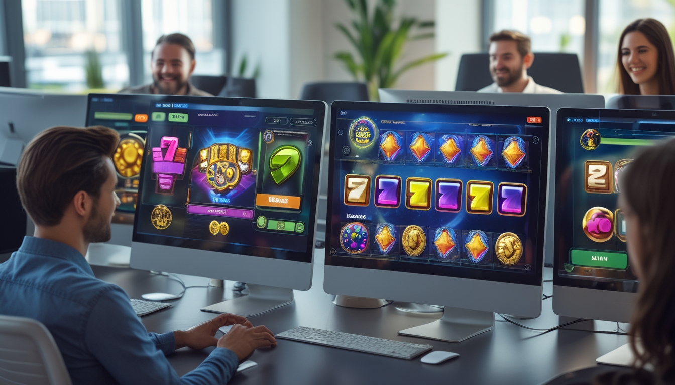 Orang-orang sedang menggunakan komputer dengan permainan slot 3D di layar dalam ruangan kantor yang modern dan terang.