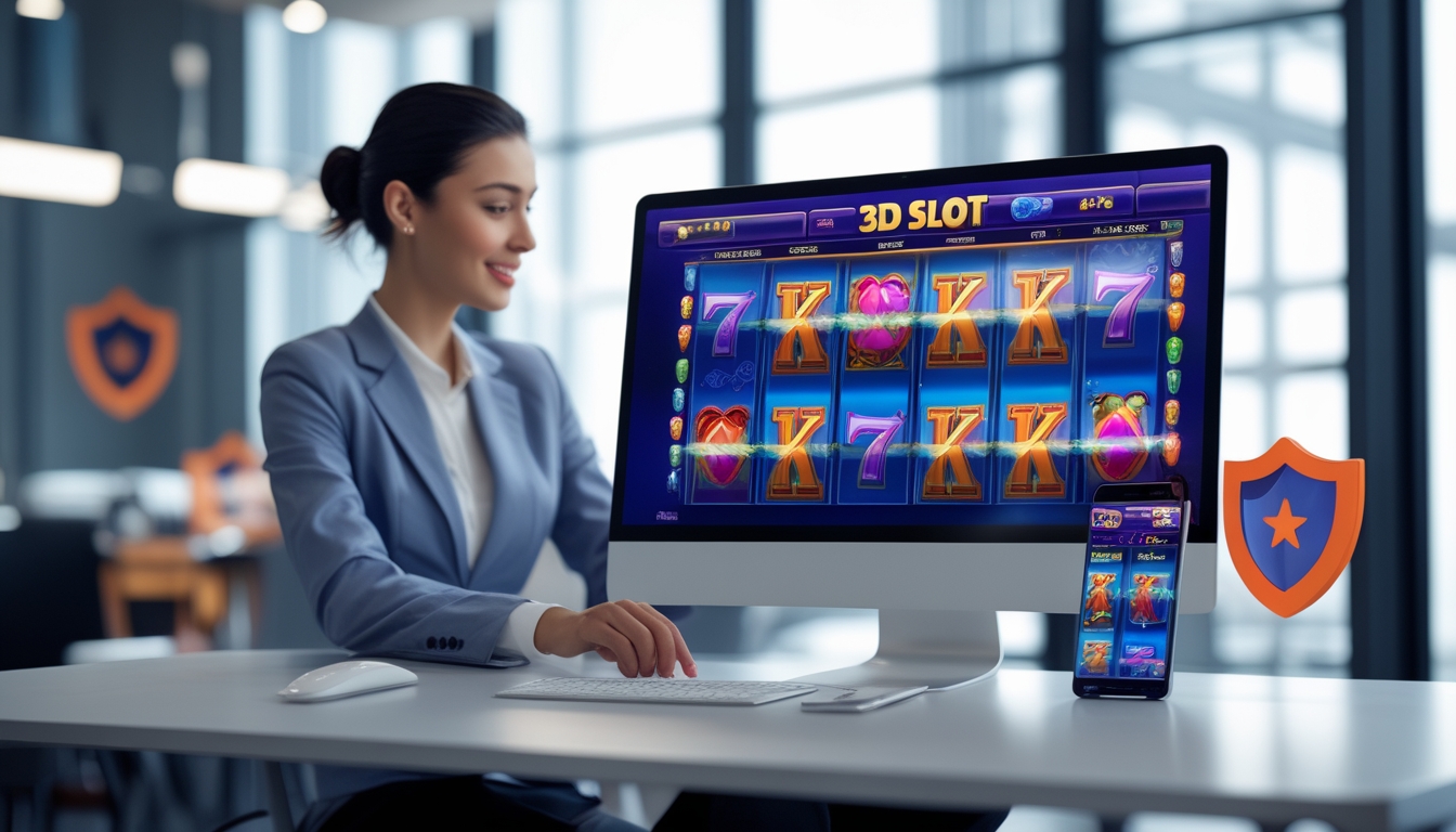 Seseorang menggunakan komputer dan ponsel untuk bermain permainan slot 3D di lingkungan kerja yang rapi dan terang.