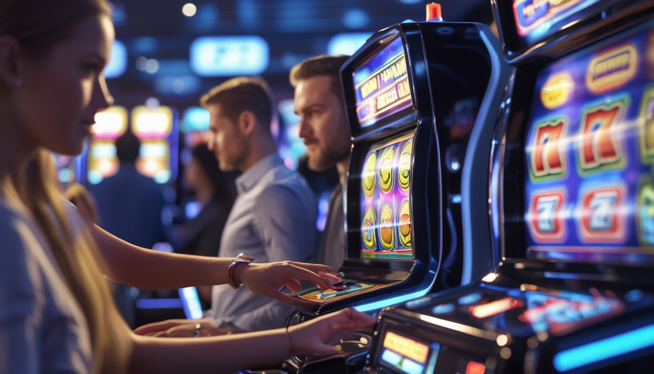 Seorang pemain fokus menggunakan mesin slot 3D di kasino dengan mesin-mesin berwarna cerah dan lampu menyala di latar belakang.