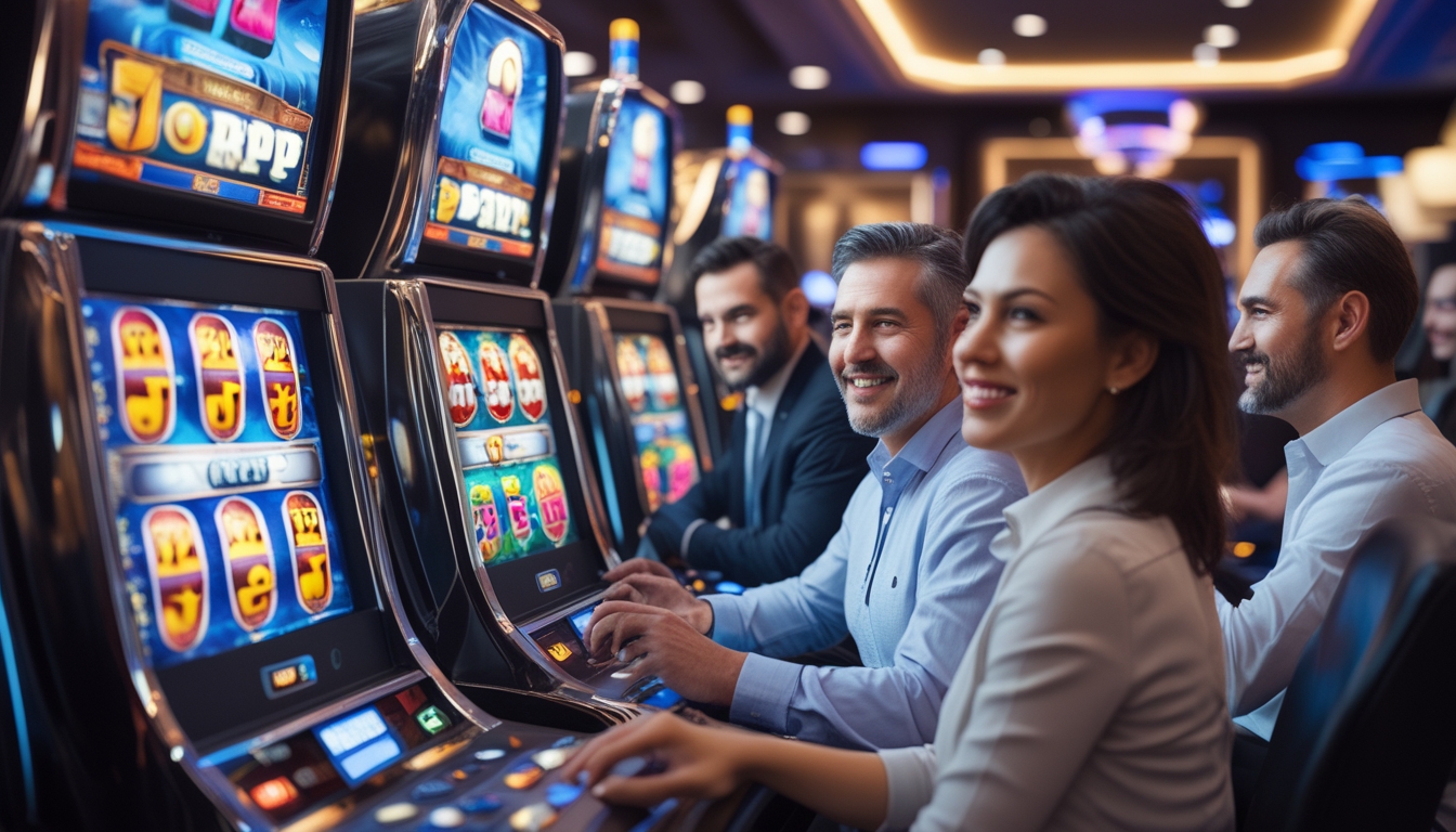 Beberapa orang dewasa bermain mesin slot 3D di kasino dengan suasana yang cerah dan fokus pada layar mesin.