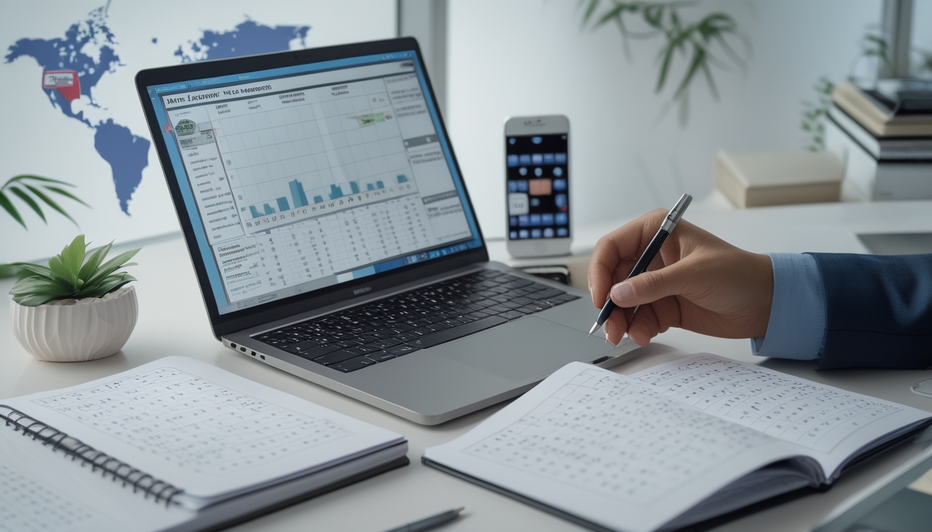Meja kerja dengan laptop, buku catatan, dan ponsel yang menampilkan angka dan grafik terkait prediksi togel Singapore.