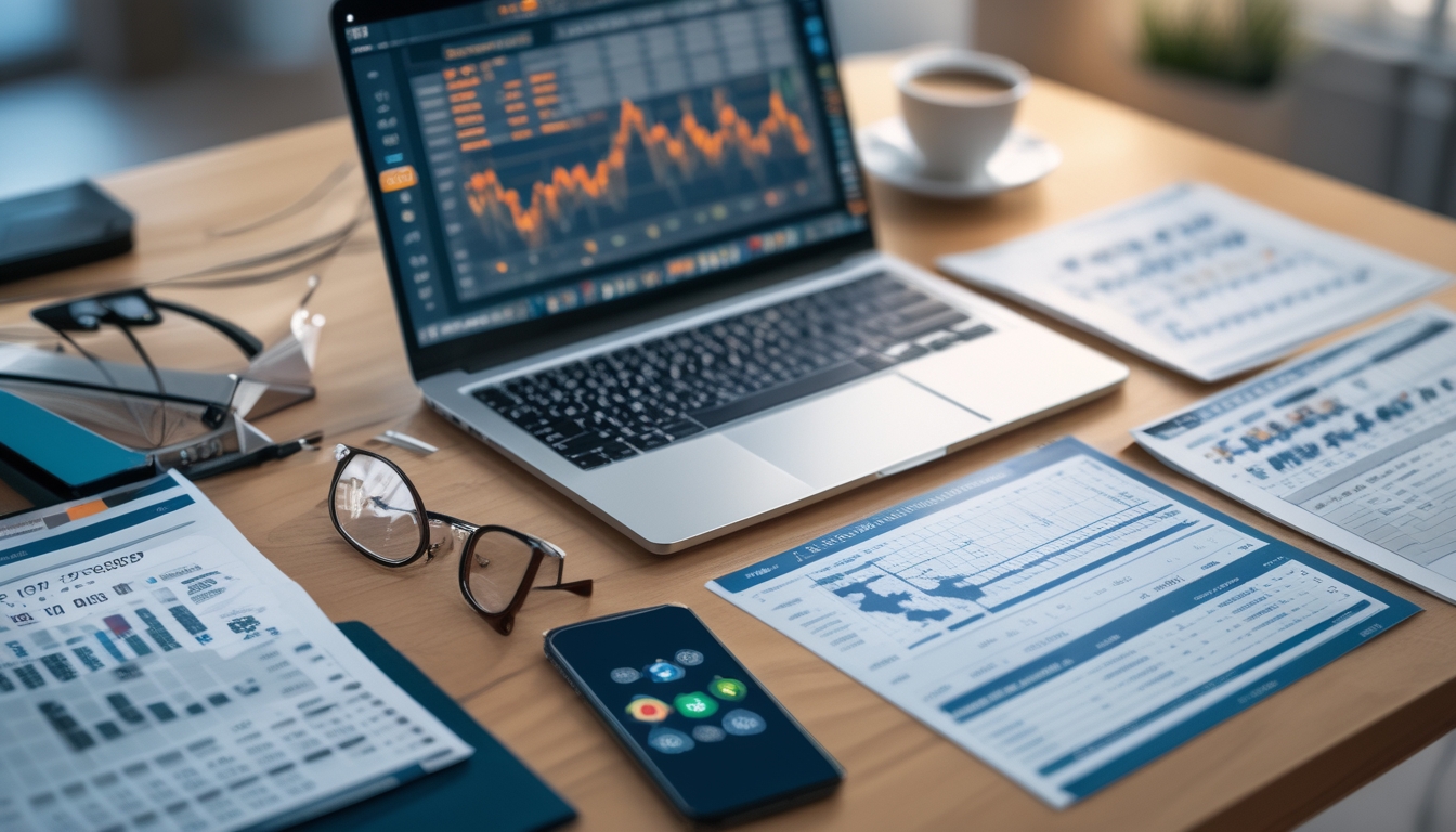 Meja kerja dengan laptop, ponsel, dan kertas berisi data angka dan grafik, dengan suasana fokus dan teratur.