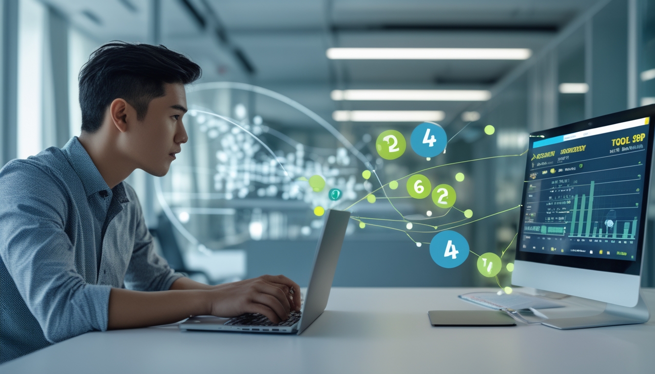 Seorang pria muda duduk di meja dengan laptop, fokus menganalisis data dan grafik terkait strategi menang togel online di lingkungan kantor modern.