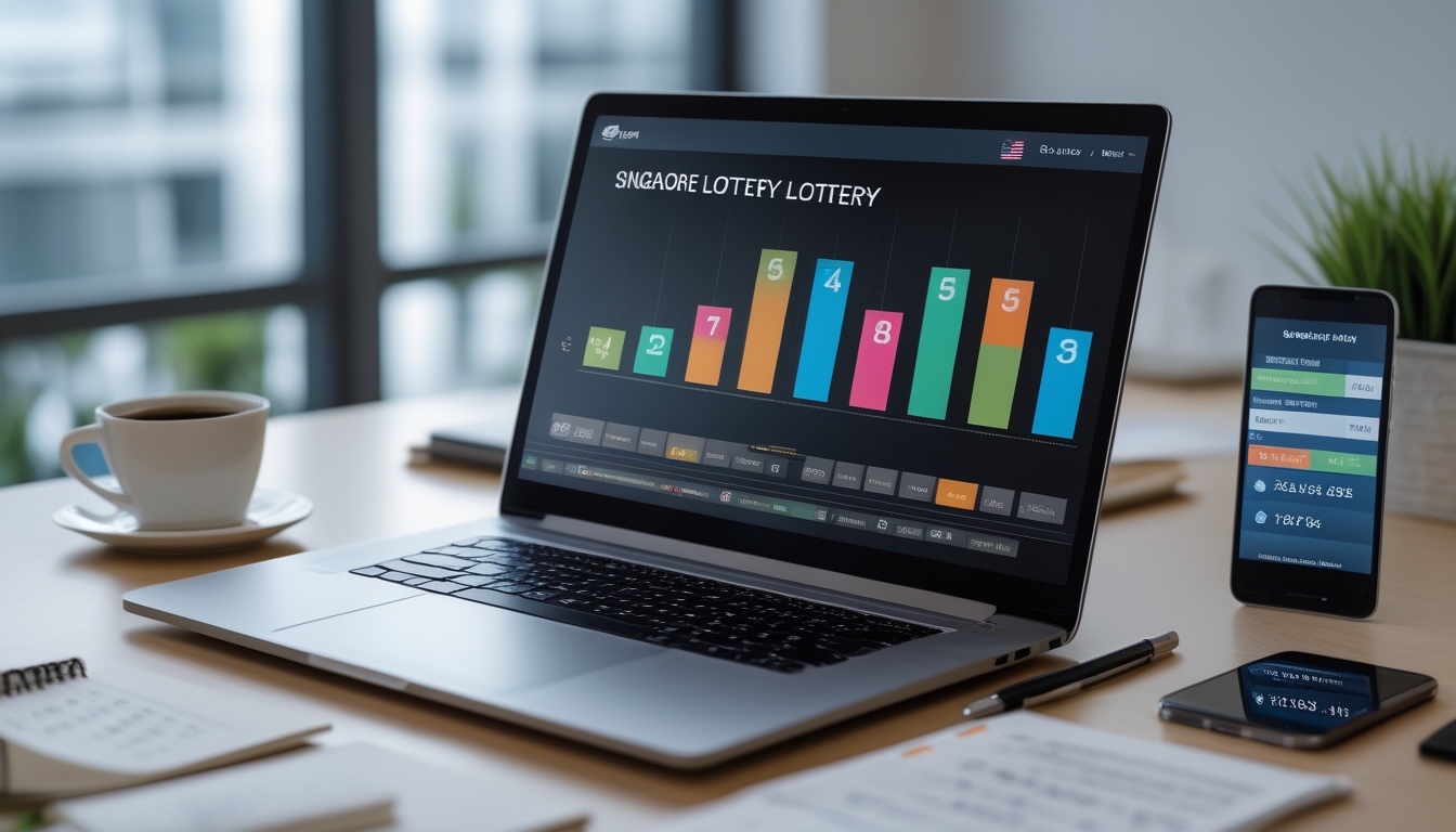 Meja kerja modern dengan laptop menampilkan grafik dan angka terkait togel Singapore, di sekitar terdapat catatan, pena, dan ponsel yang menunjukkan hasil togel.