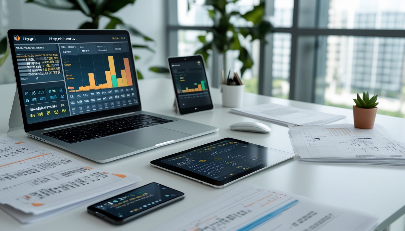 Sebuah ruang kerja modern dengan meja yang rapi, menampilkan perangkat digital dan kertas berisi data angka terkait pasar togel Singapore.