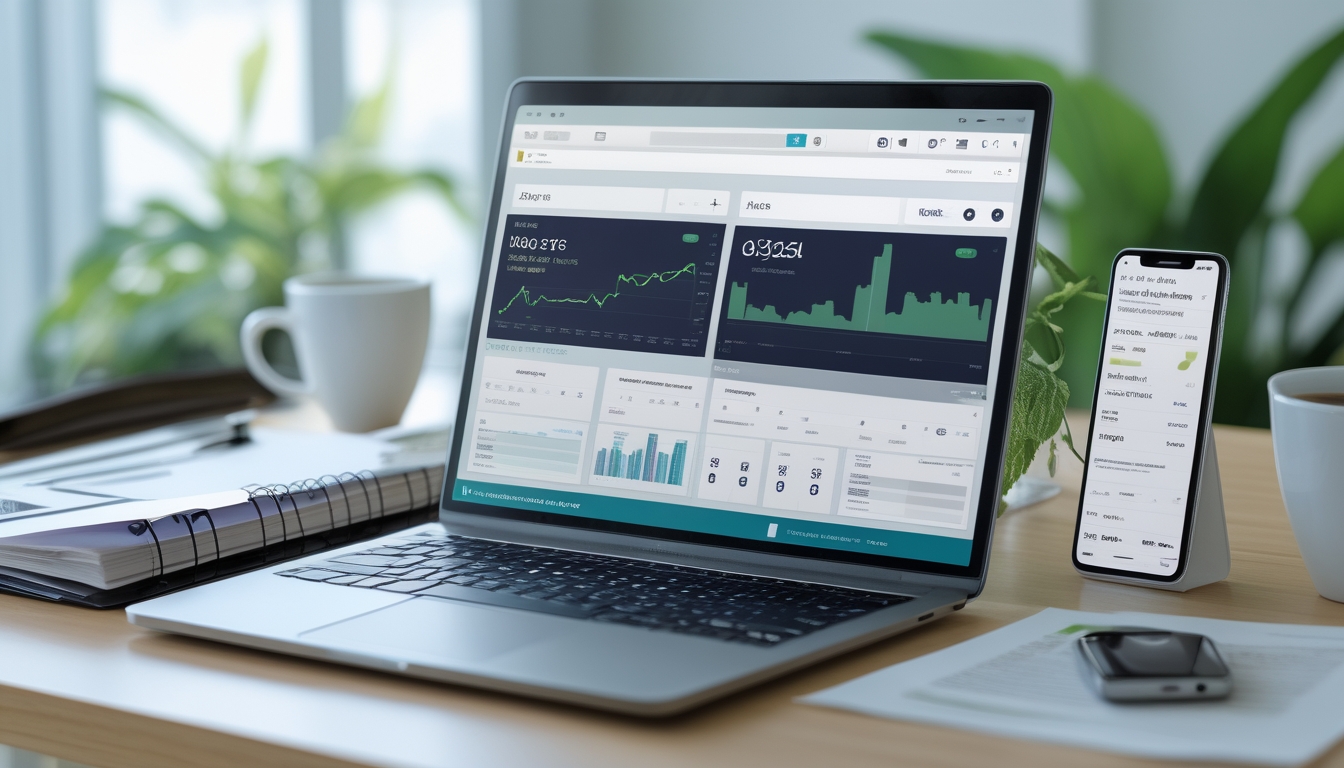 Meja kerja modern dengan laptop, dokumen, dan ponsel yang menampilkan data terkait togel Singapore.