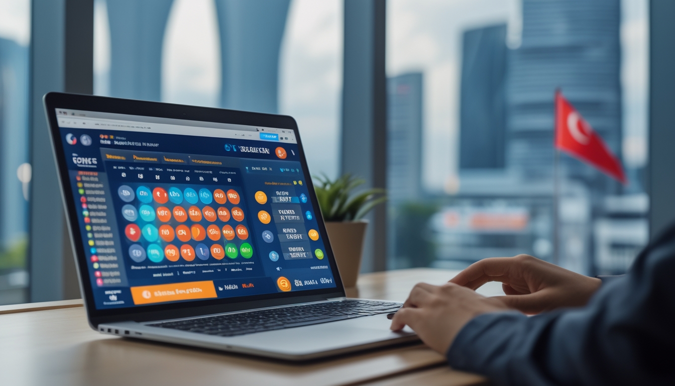 Sebuah meja kerja modern dengan laptop yang menampilkan situs lotere online dan tangan seseorang yang sedang menggunakan laptop, dengan latar belakang simbol Singapura.