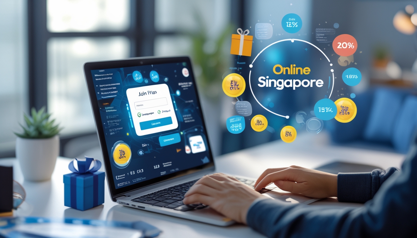 Seseorang menggunakan laptop di meja kerja dengan ikon digital yang melambangkan bonus dan promosi di latar belakang.