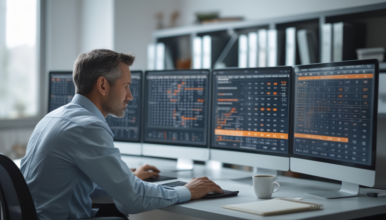 Seorang pria dewasa fokus bekerja di kantor modern dengan beberapa layar komputer menampilkan data dan grafik angka, duduk di meja dengan laptop dan buku catatan.