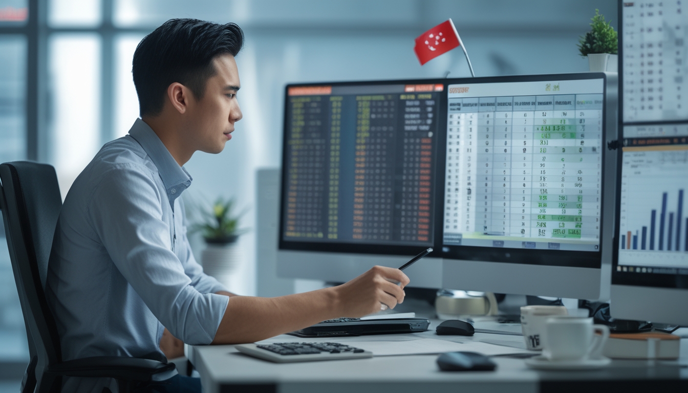Seorang pria fokus duduk di meja kantor modern, menganalisis data pada beberapa layar komputer dengan suasana profesional dan alat kerja di sekitar meja.