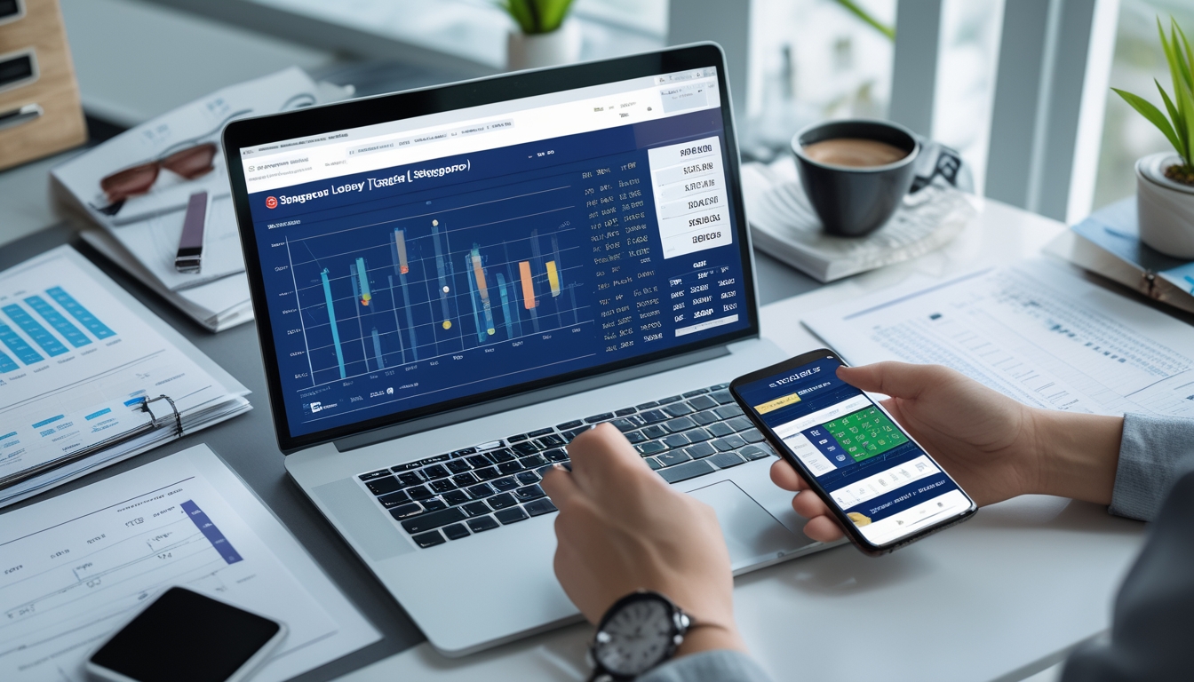 Meja kerja modern dengan laptop, ponsel, dokumen, dan tangan seseorang yang sedang memperbarui data togel Singapore.