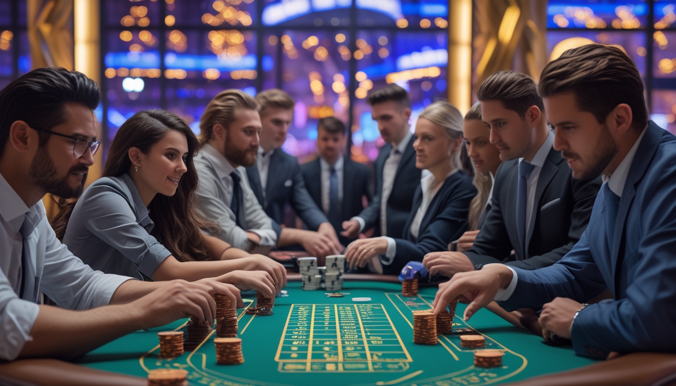 Sekelompok orang bermain blackjack di meja kasino dengan dealer, lampu neon terang dari Las Vegas Strip terlihat di latar belakang.
