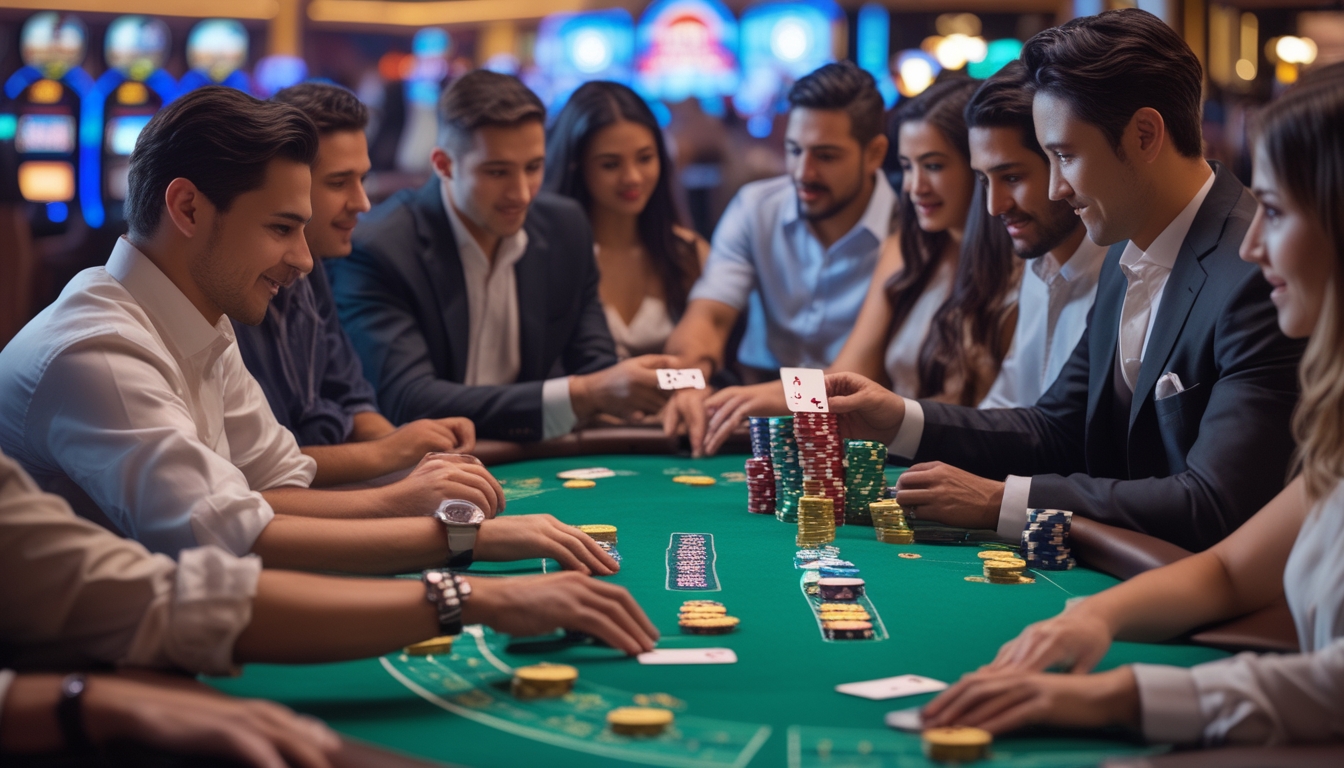 Meja blackjack di kasino Vegas Strip dengan pemain dan dealer yang sedang bermain kartu.