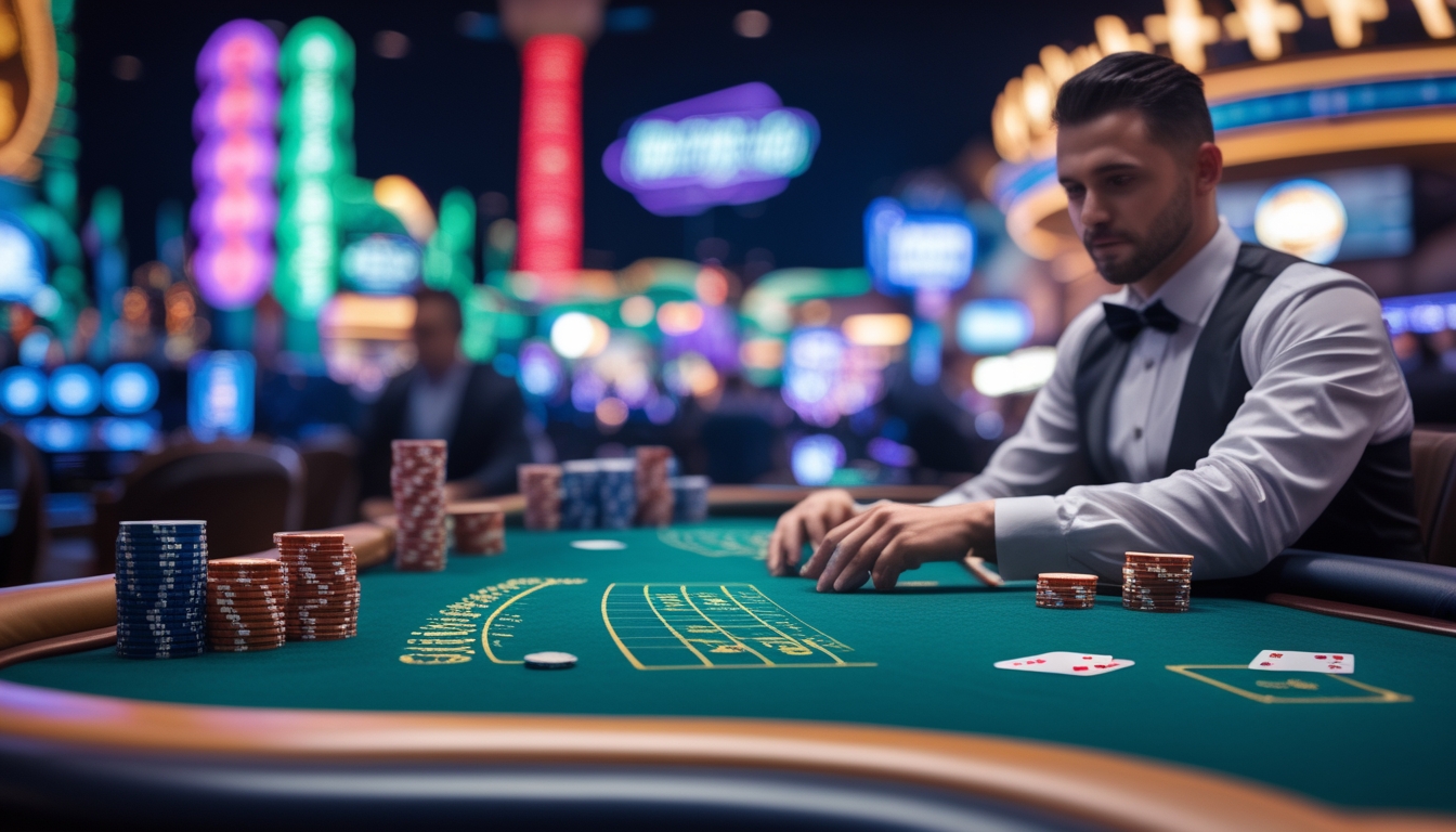 Seorang pemain blackjack di meja kasino dengan tumpukan chip dan dealer di latar belakang lampu neon Las Vegas Strip.