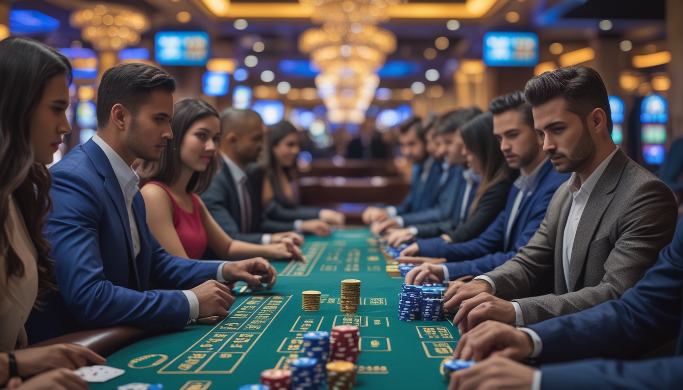 Meja blackjack di kasino Vegas Strip dengan pemain yang fokus bermain kartu dan tumpukan chip di atas meja.