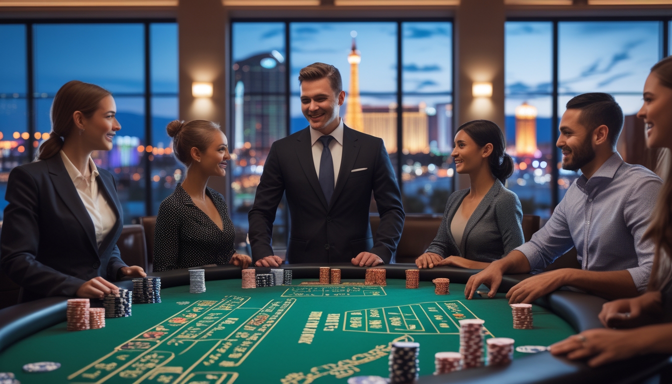 Meja blackjack di kasino modern dengan dealer dan pemain yang sedang bermain, latar belakang menampilkan pemandangan kota Vegas Strip di waktu senja.