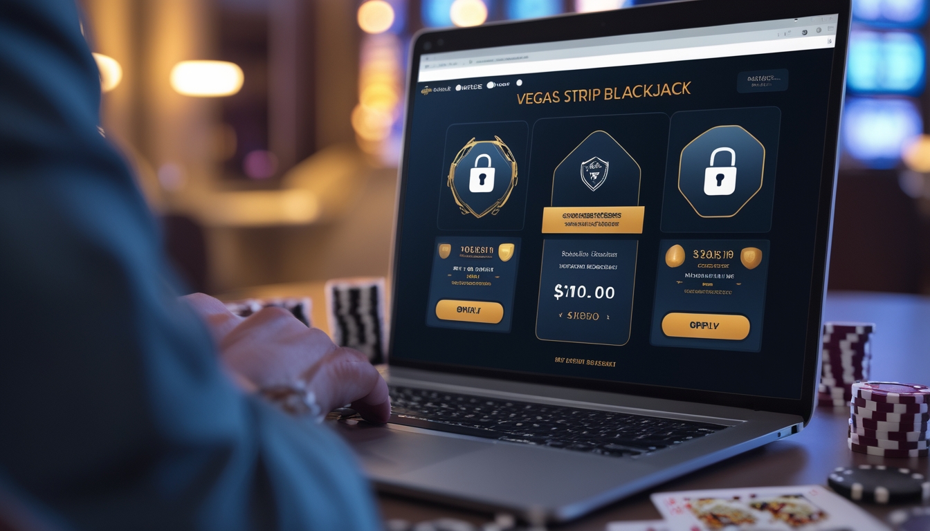 Layar komputer menampilkan situs judi online Vegas Strip Blackjack dengan ikon keamanan, termasuk chip poker dan kartu remi.