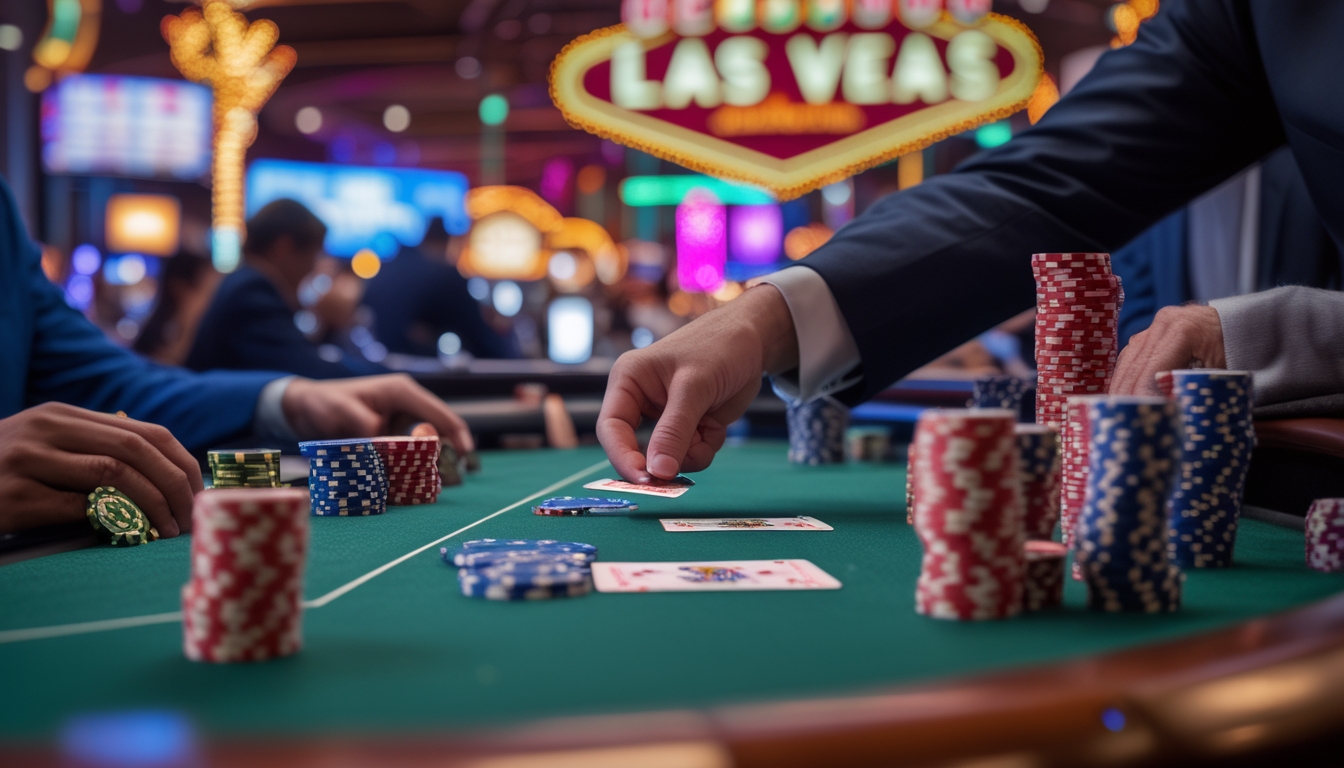 Meja blackjack di kasino Las Vegas dengan pemain dan dealer yang sedang bermain kartu.