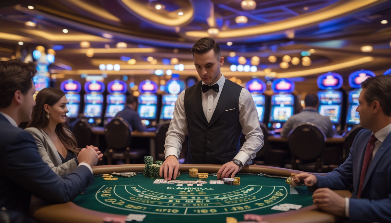 Suasana meja blackjack di kasino mewah di Las Vegas dengan dealer dan pemain yang sedang bermain kartu.