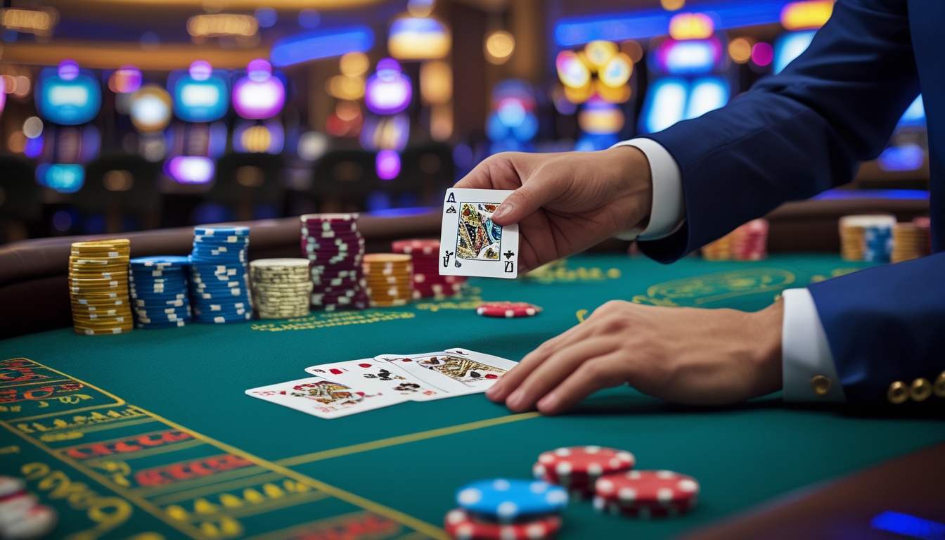 Meja blackjack di kasino dengan kartu dan chip taruhan, suasana cerah dan ramai dengan lampu kasino di latar belakang.