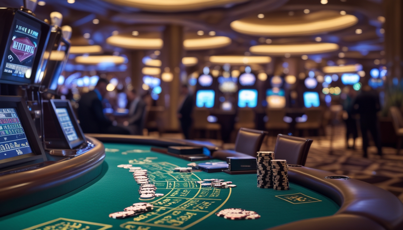 Suasana meja blackjack di kasino yang ramai dengan orang-orang bermain dan lampu yang terang.
