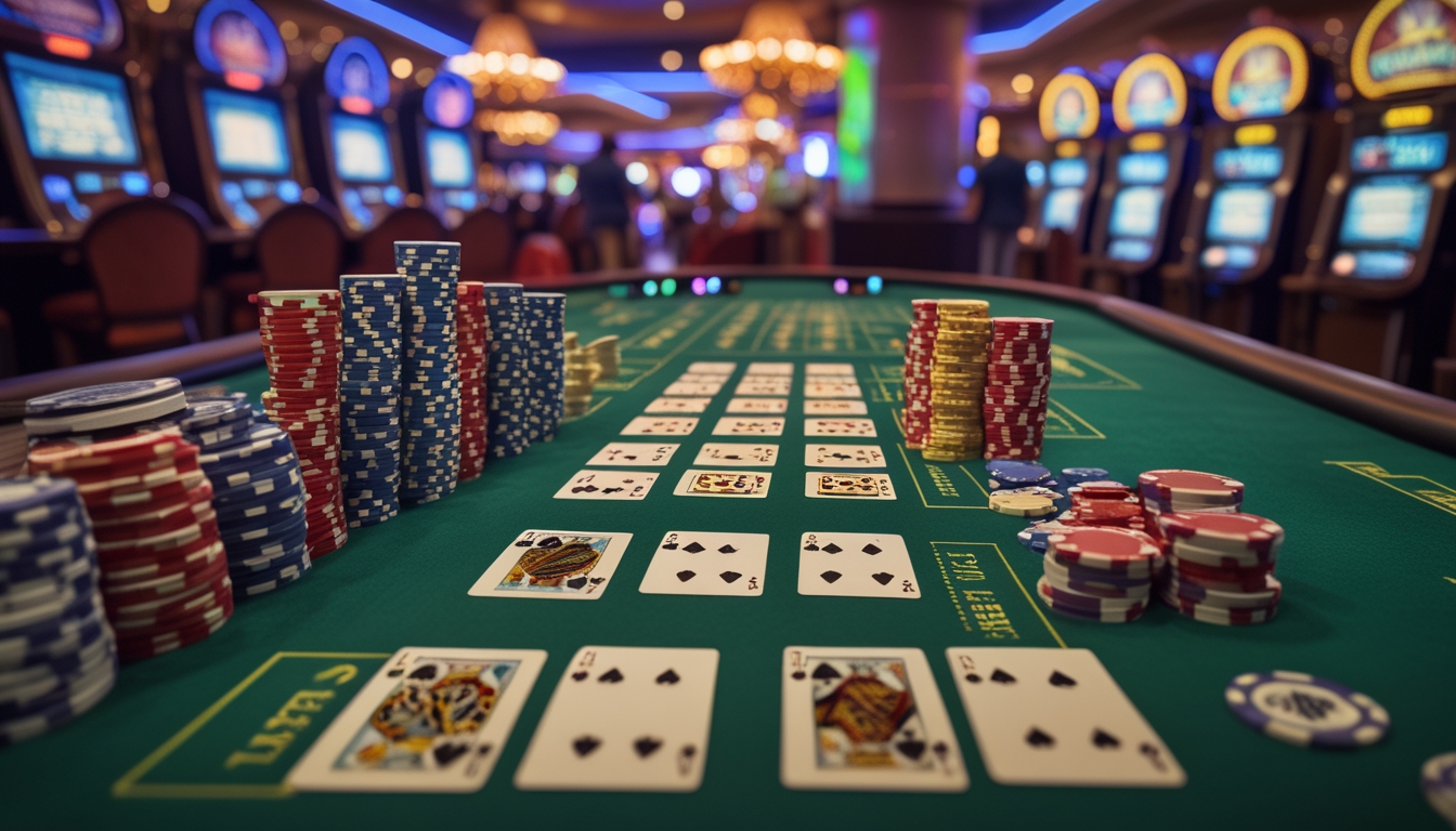 Meja blackjack di kasino Vegas Strip dengan kartu dan tumpukan chip, dikelilingi lampu neon dan mesin slot.