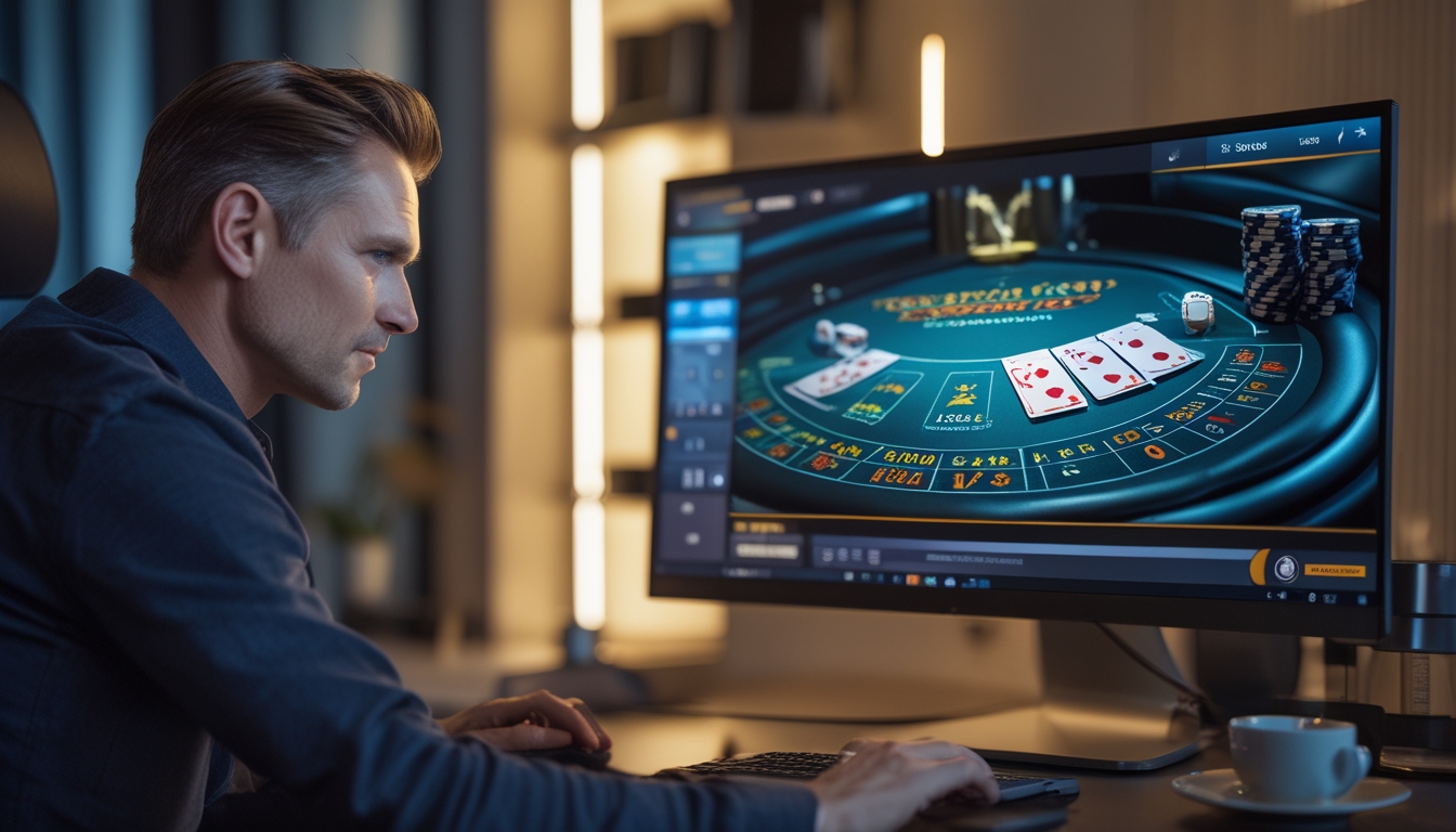 Seorang pemain fokus bermain blackjack online di depan komputer dengan suasana ruangan yang rapi dan pencahayaan lembut.