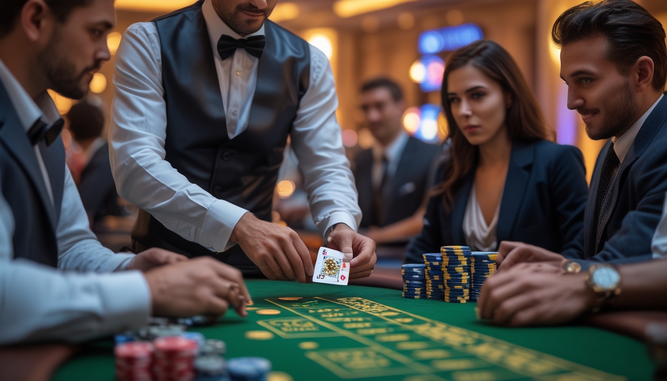 Meja blackjack Vegas Strip dengan dealer dan pemain yang fokus bermain kartu di kasino.
