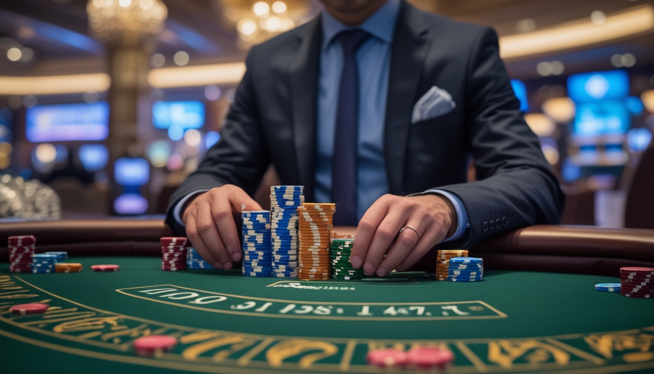 Seorang pemain berjudi mengatur tumpukan chip di meja blackjack di kasino yang mewah.