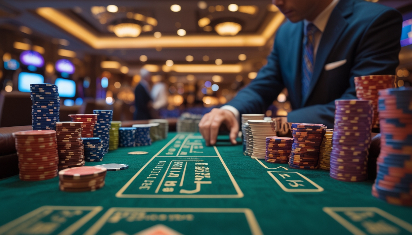 Seorang pemain berjudi yang fokus mengatur chip di meja blackjack di dalam kasino Vegas Strip yang mewah.